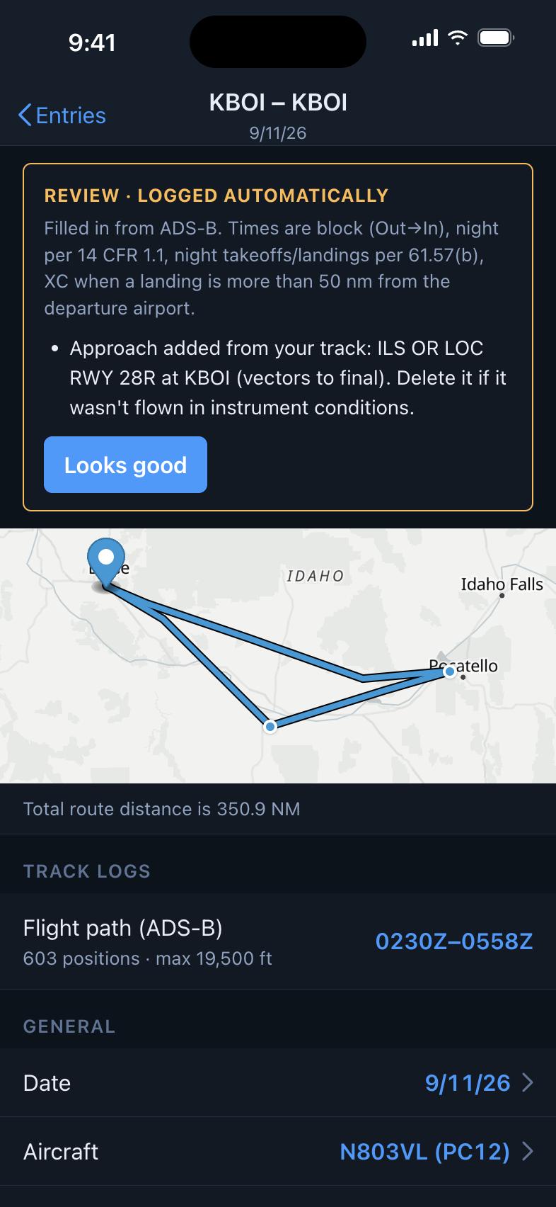 An automatically logged entry, with its flight path and an ILS approach added from the track
