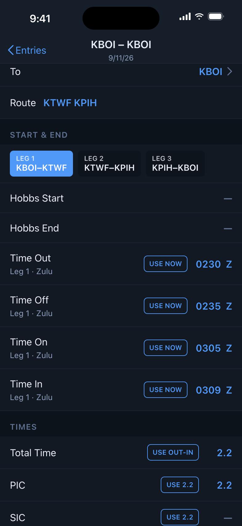 Start and End times shown in a separate tab for each leg